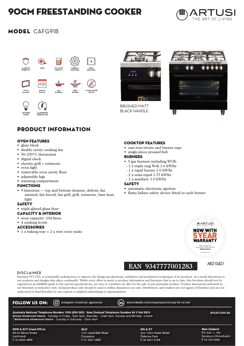 Page 1 de la notice Fiche technique Artusi CAFG91B