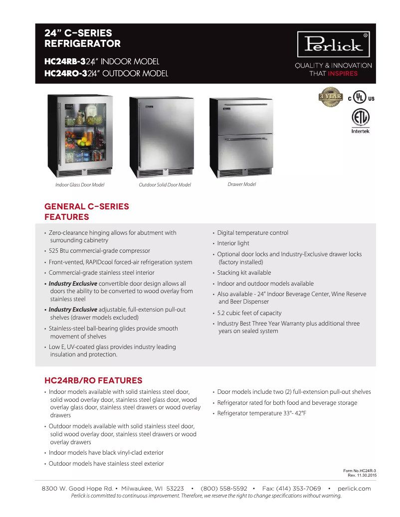 Page n°1 - Fiche technique Perlick HC24RB-3-3R