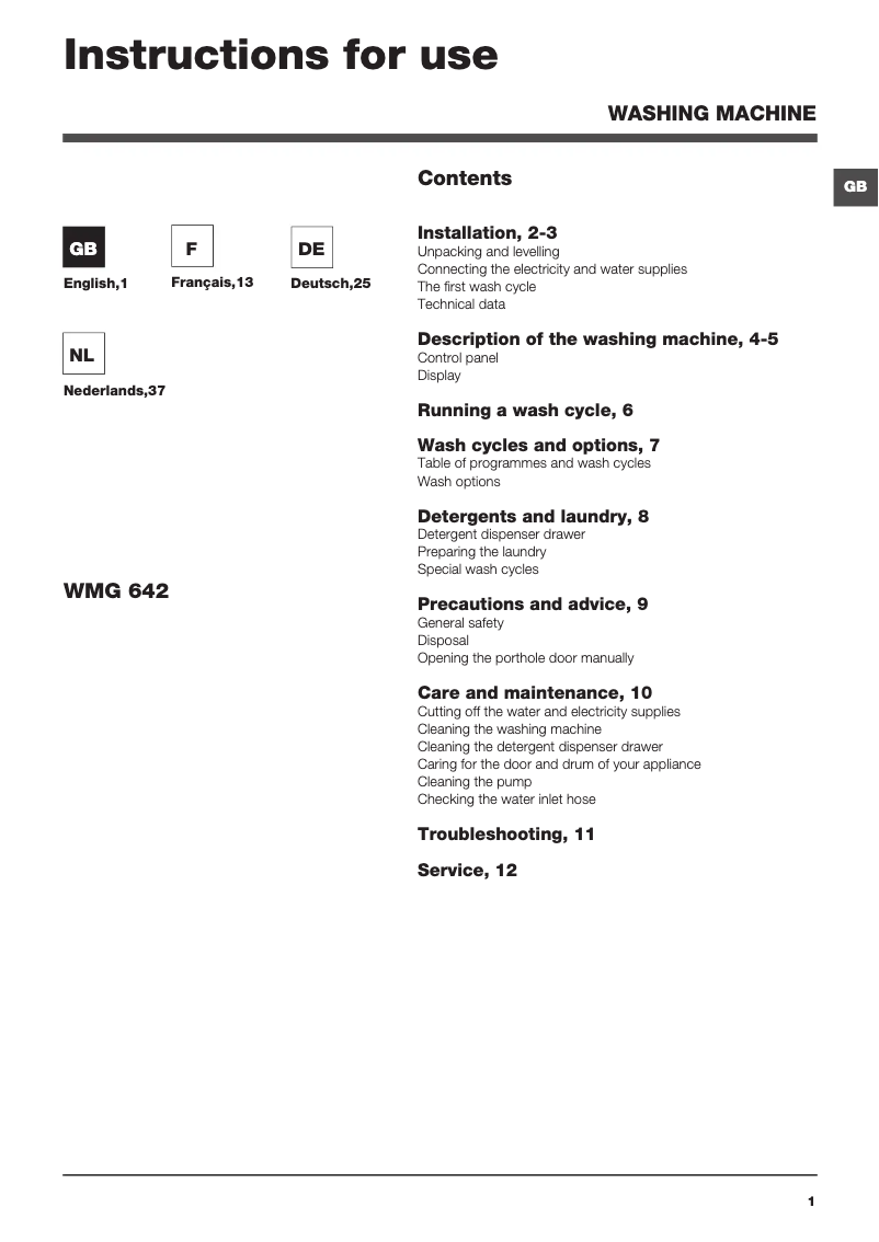 Page 1 de la notice Manuel utilisateur Hotpoint Maxi WMG 642