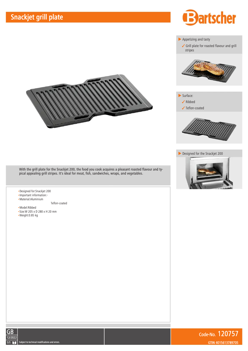 Page 1 de la notice Fiche technique Bartscher Snackjet 120757