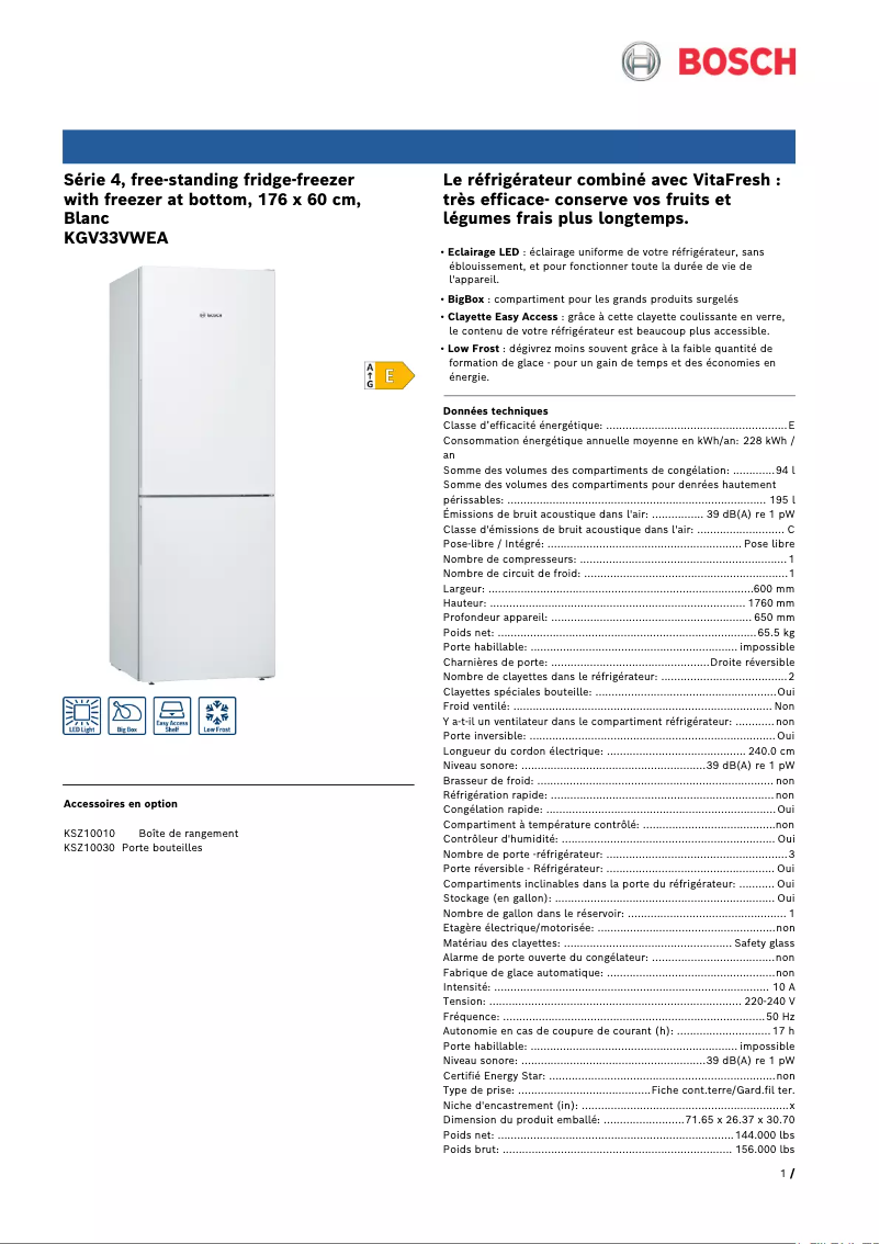 Page 1 of the manual Technical Sheet Bosch KGV33VWEA