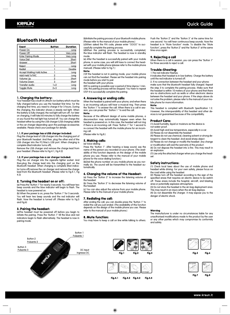Page n°1 - Manuel utilisateur Kraun Bluetooth Headset