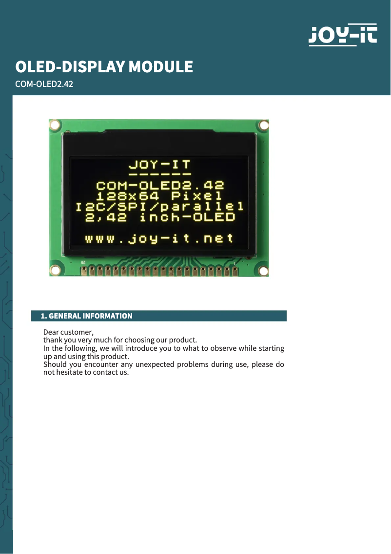 Image de la première page du manuel de l'appareil COM-OLED2.42