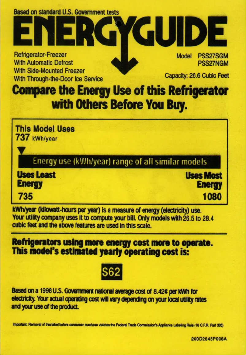 Page 1 de la notice Label énergétique GE Profile Arctica PSS27NGMWW