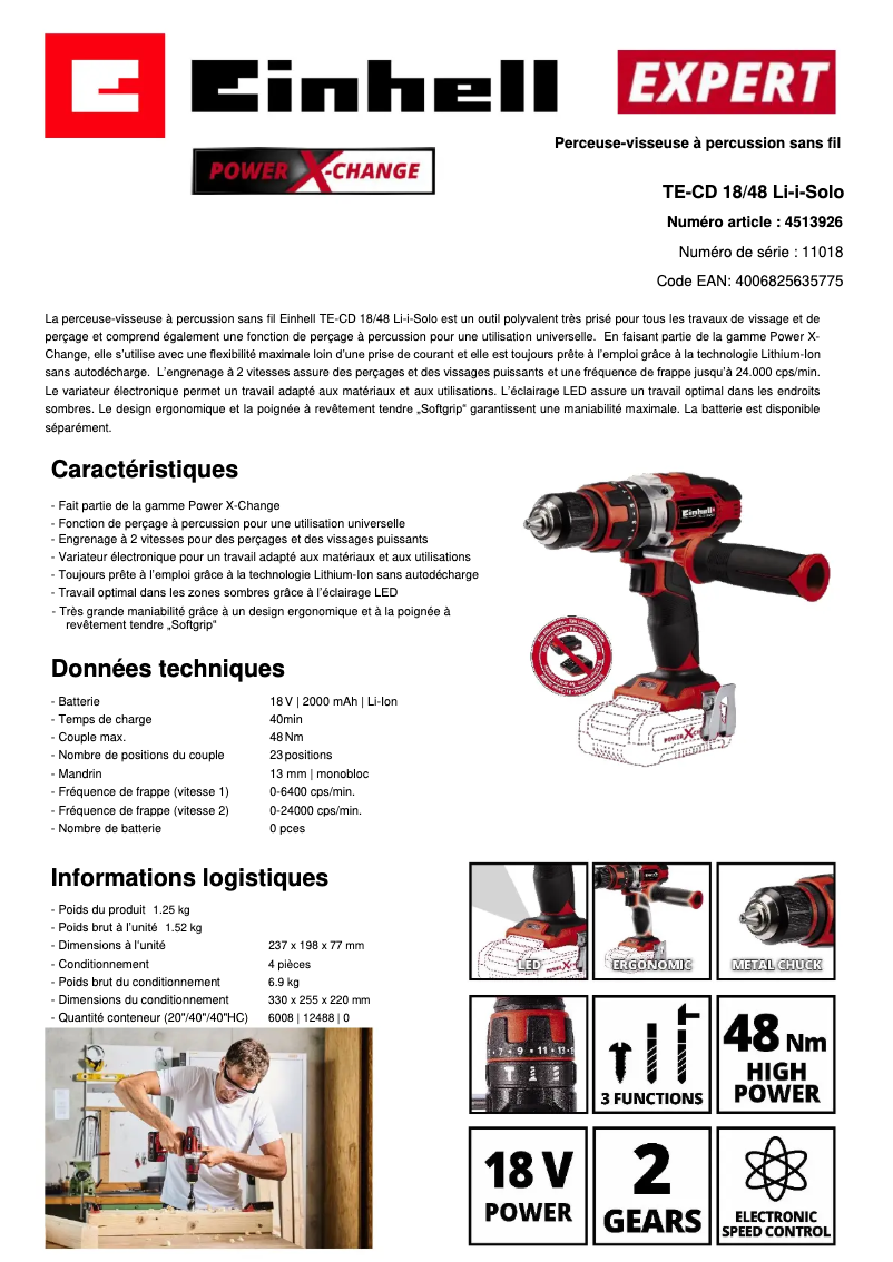 Page 1 de la notice Fiche technique Einhell TE-CD 18/48 Li-i