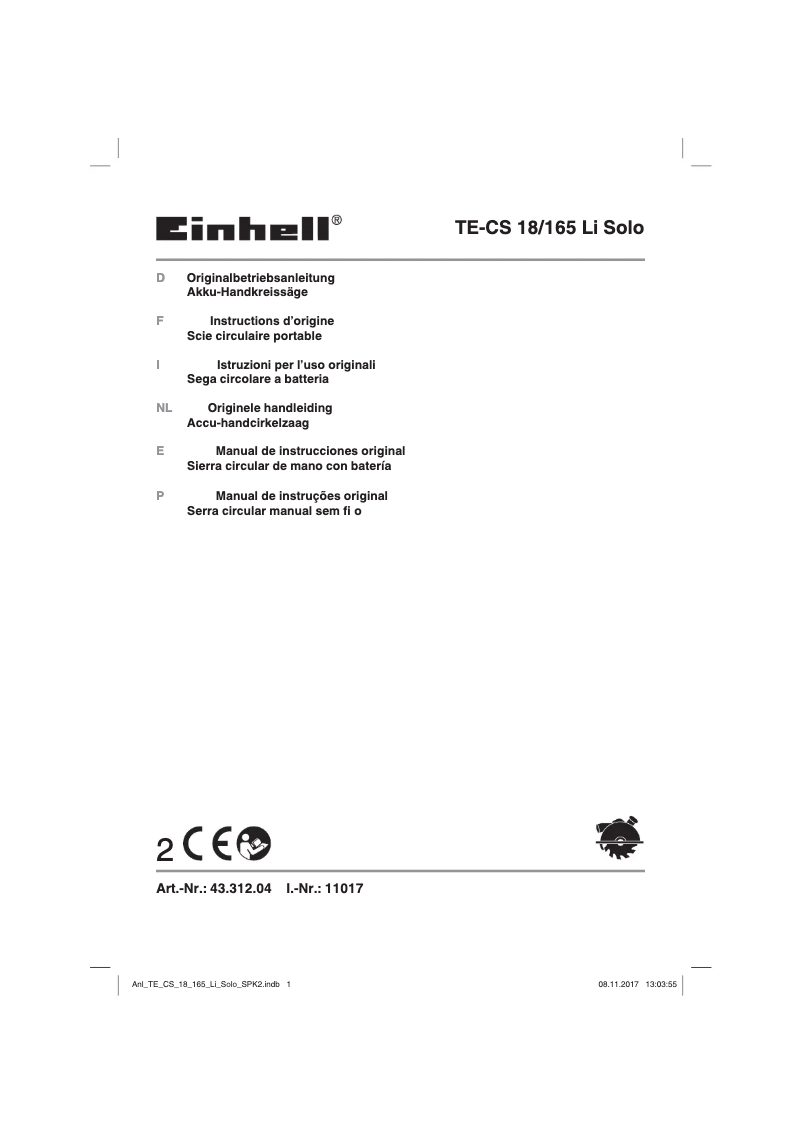 Page 1 de la notice Manuel utilisateur Einhell TE-CS 18/165 Li-Solo
