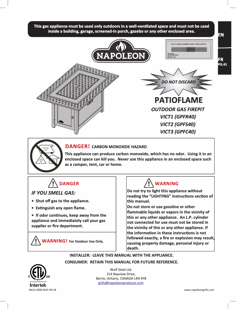 Page n°1 - Manuel utilisateur Napoleon VICT1-BZ