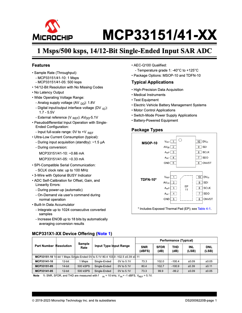 Page 1 de la notice Fiche technique Microchip MCP33141-10