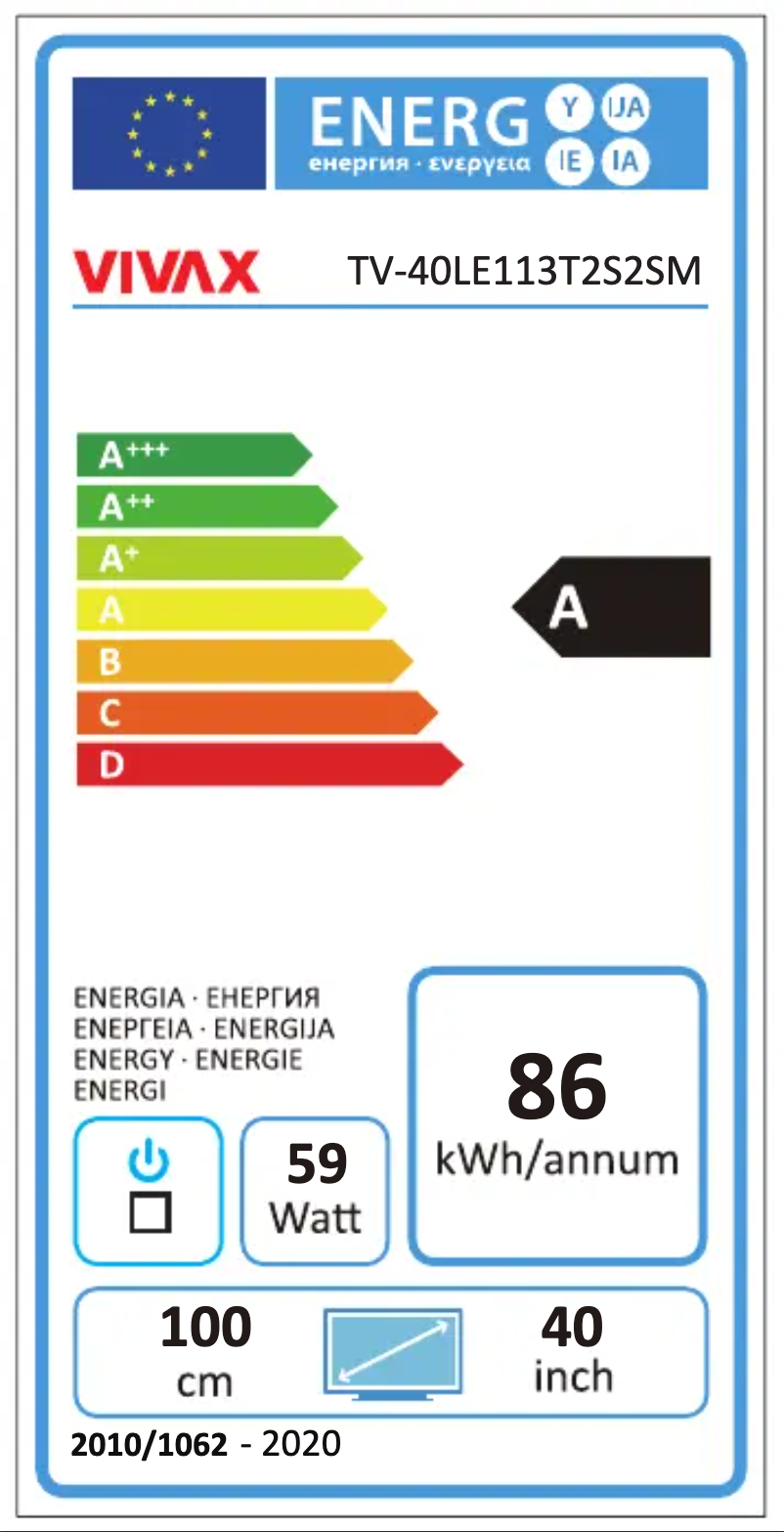 Page n°1 - Label énergétique Vivax TV-40LE113T2S2SM