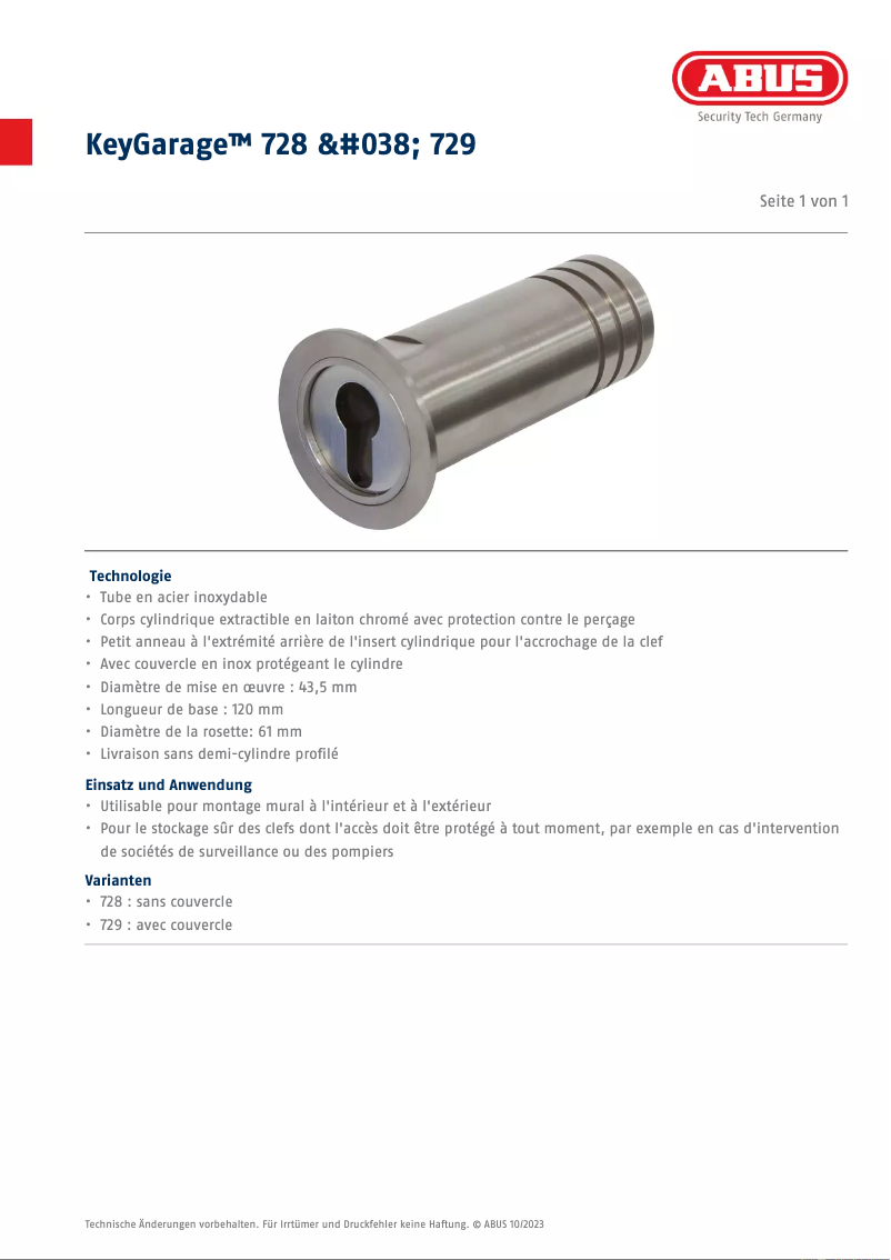 Page 1 de la notice Fiche technique Abus KeyGarage 728