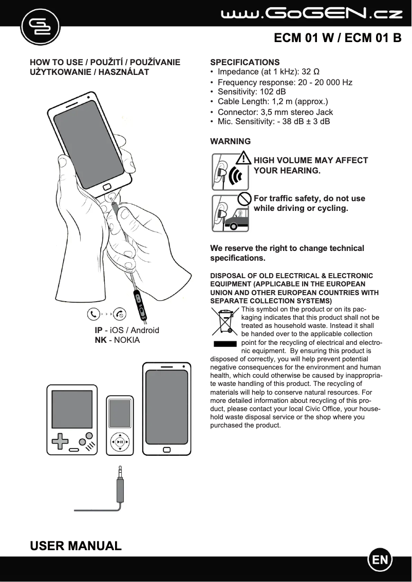 Page n°1 - Manuel utilisateur GoGen ECM 01W