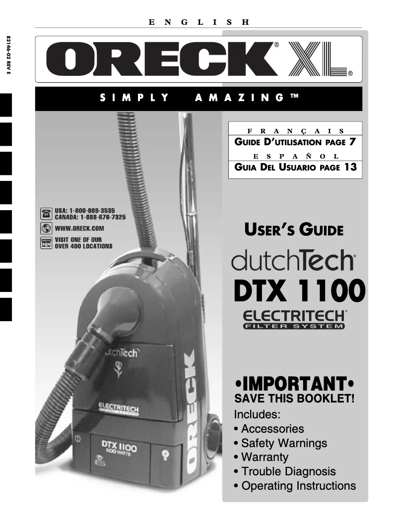 Page 1 de la notice Manuel utilisateur Oreck Dutchtech DTX1100