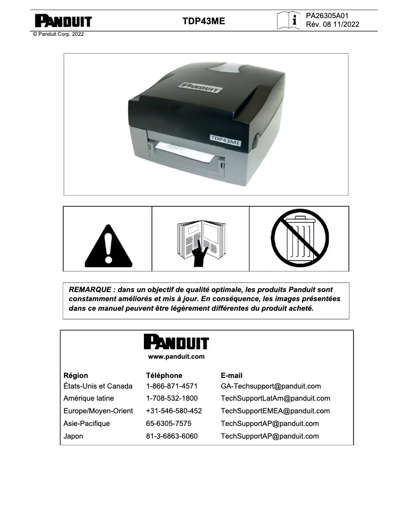 Page 1 de la notice Manuel utilisateur Panduit TDP43ME