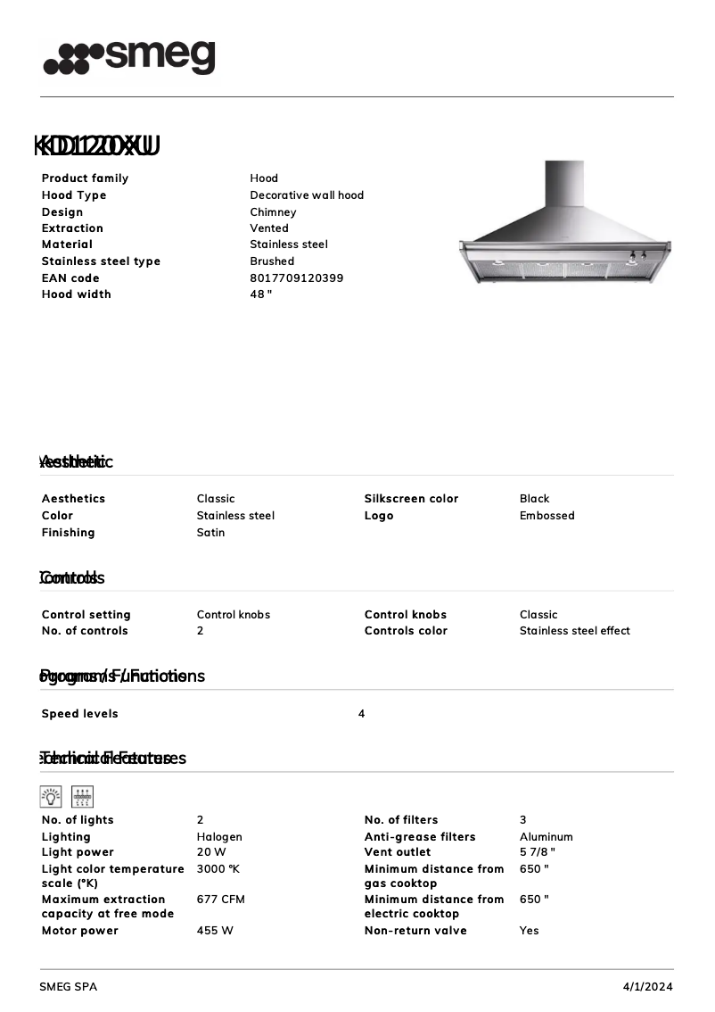 Page n°1 - Fiche technique Smeg KD120XU