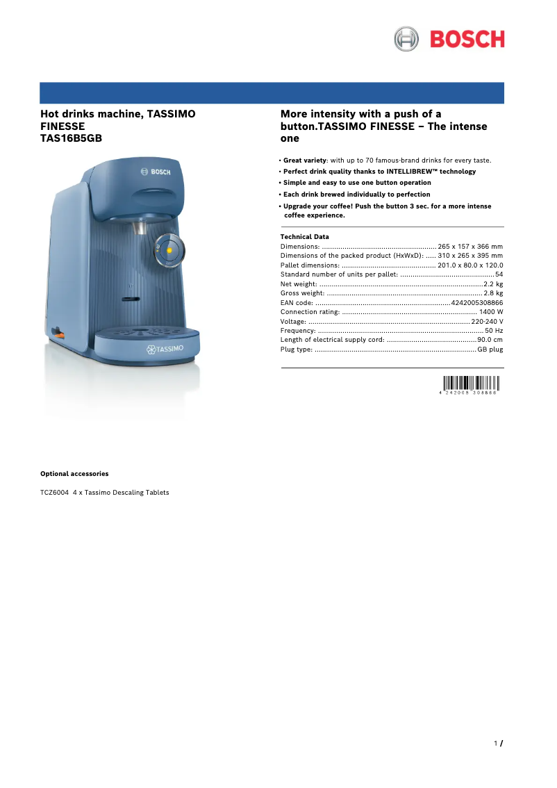 Page n°1 - Fiche technique Bosch Tassimo Finesse TAS16B5