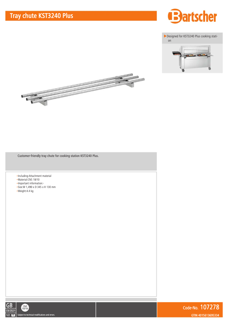 Page 1 de la notice Fiche technique Bartscher KST3240 Plus