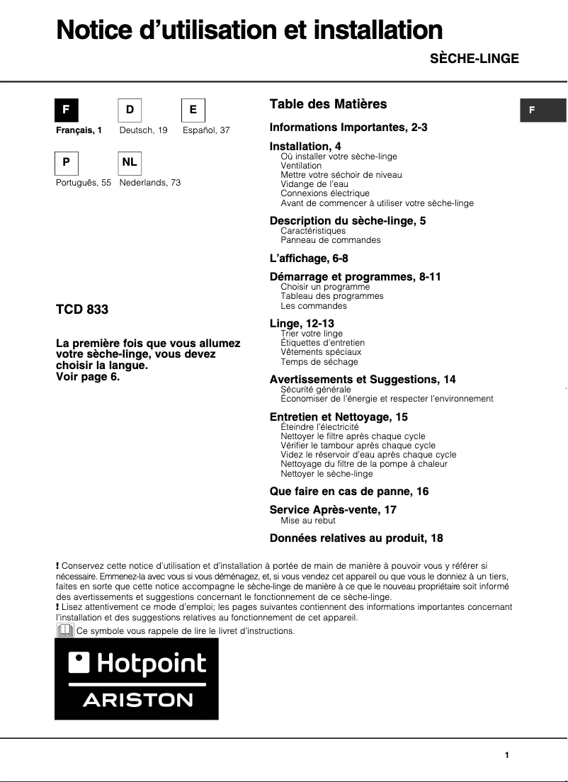 Page n°1 - Manuel utilisateur Hotpoint TCD 833