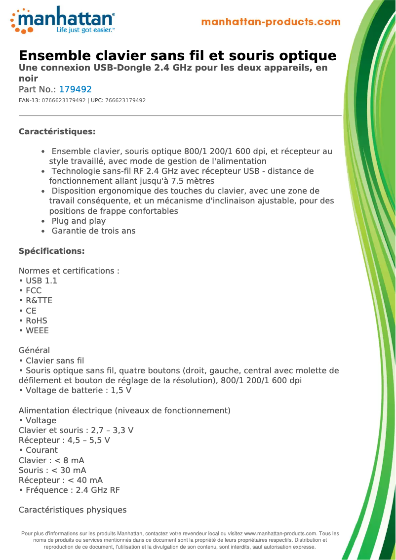 Page 1 de la notice Fiche technique Manhattan 179492