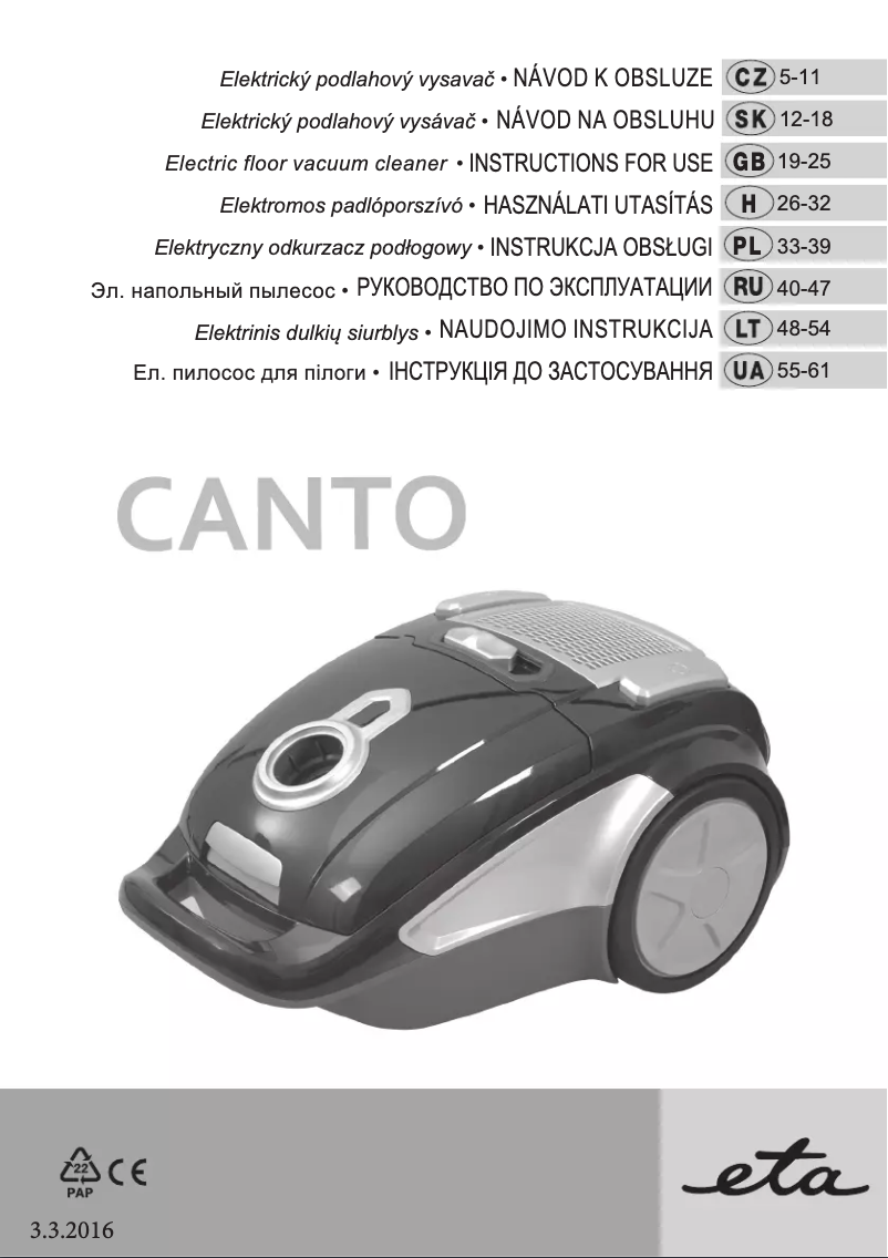 Page n°1 - Manuel utilisateur Eta Canto 1481 90000