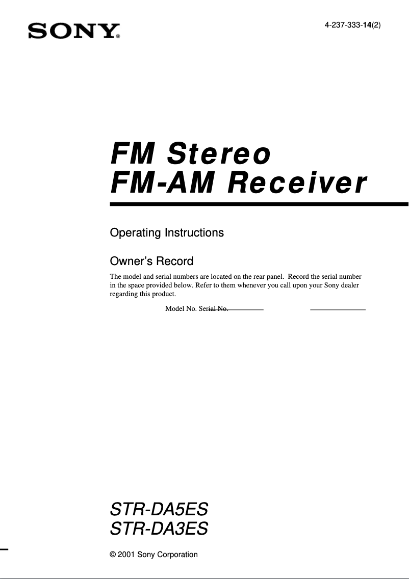 Page 1 de la notice Manuel utilisateur Sony STR-DA3ES