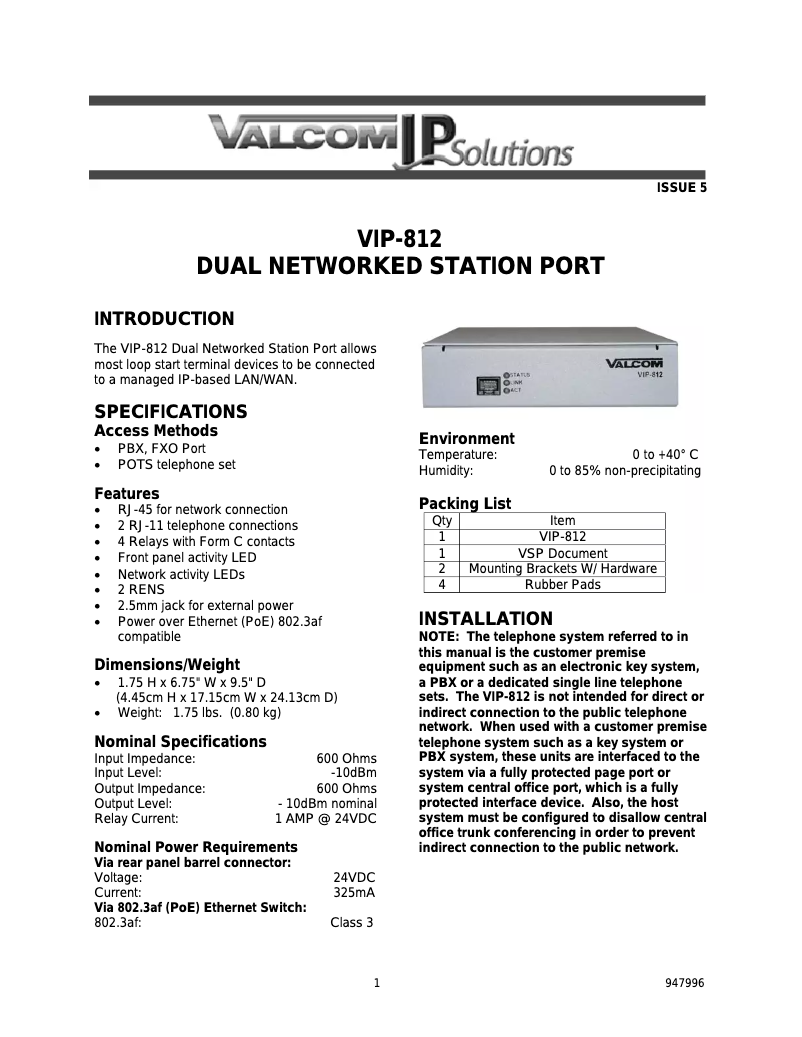 Page 1 de la notice Manuel utilisateur Valcom VIP-812