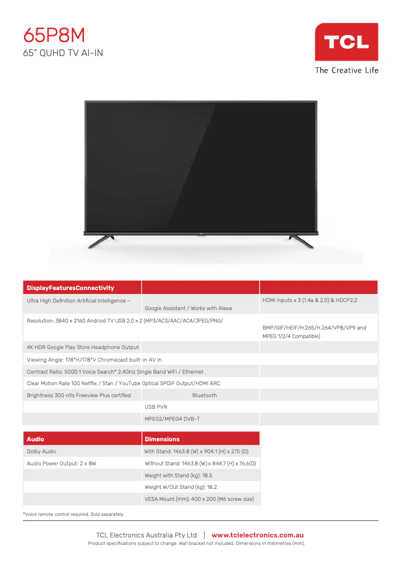 Page 1 de la notice Fiche technique TCL 65P8M