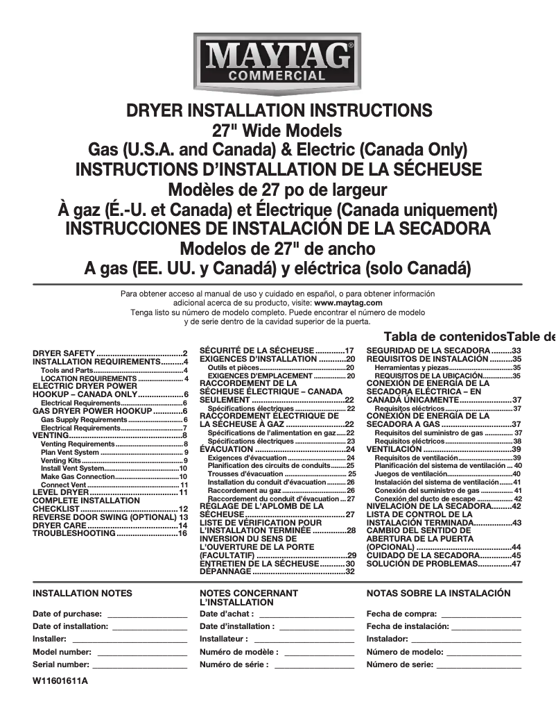 Page 1 de la notice Guide d'installation Maytag MGDP585GW