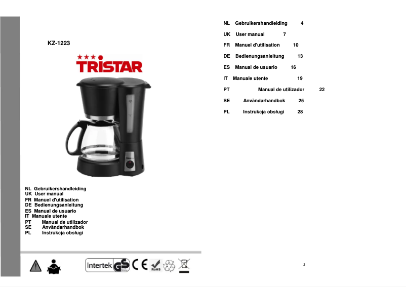 Page n°1 - Manuel utilisateur TriStar KZ-1223