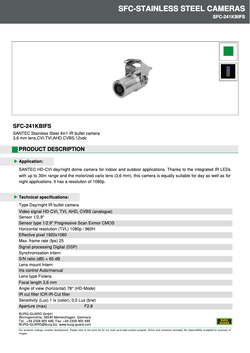 Page 1 de la notice Fiche technique Burg Wächter SFC-241KBIFS