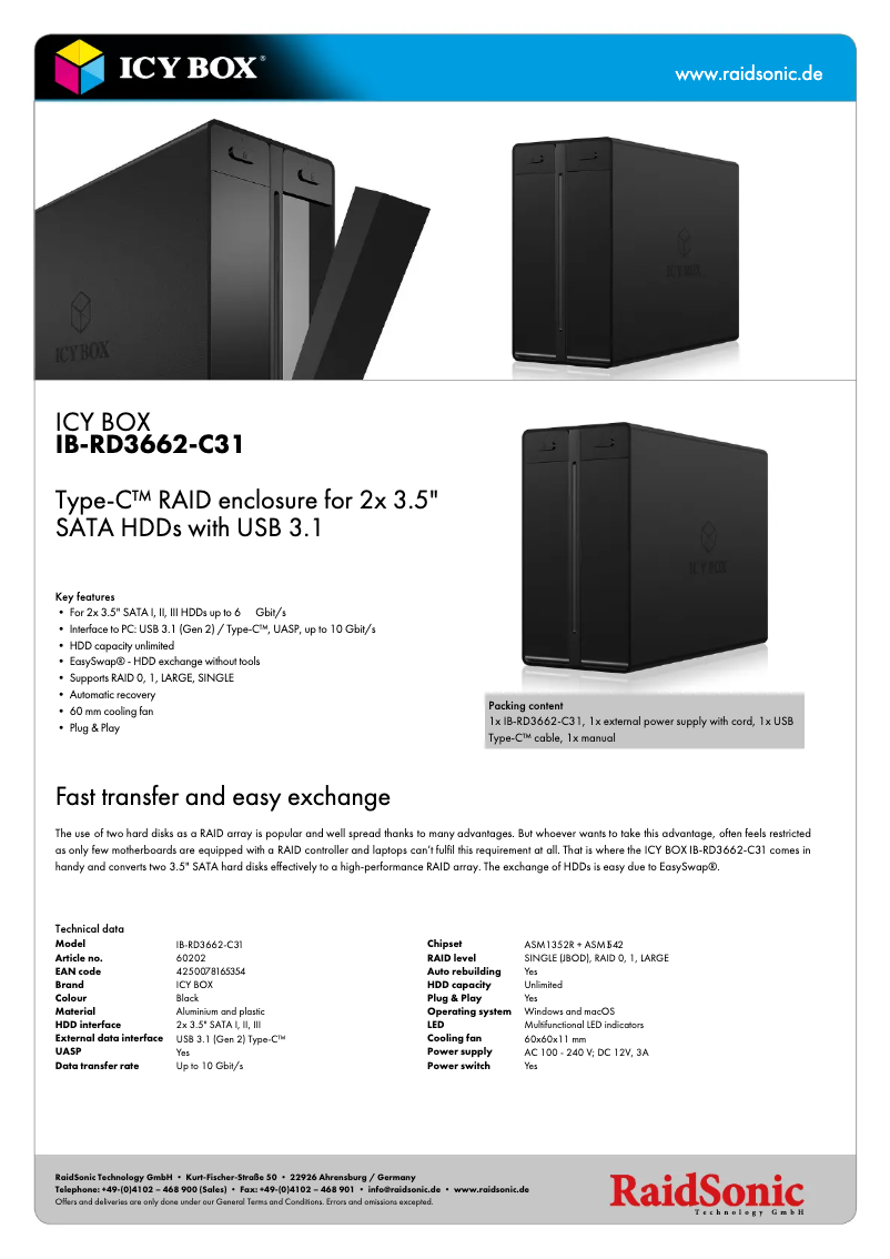 Page 1 de la notice Fiche technique Icy Box IB-RD3662-C31