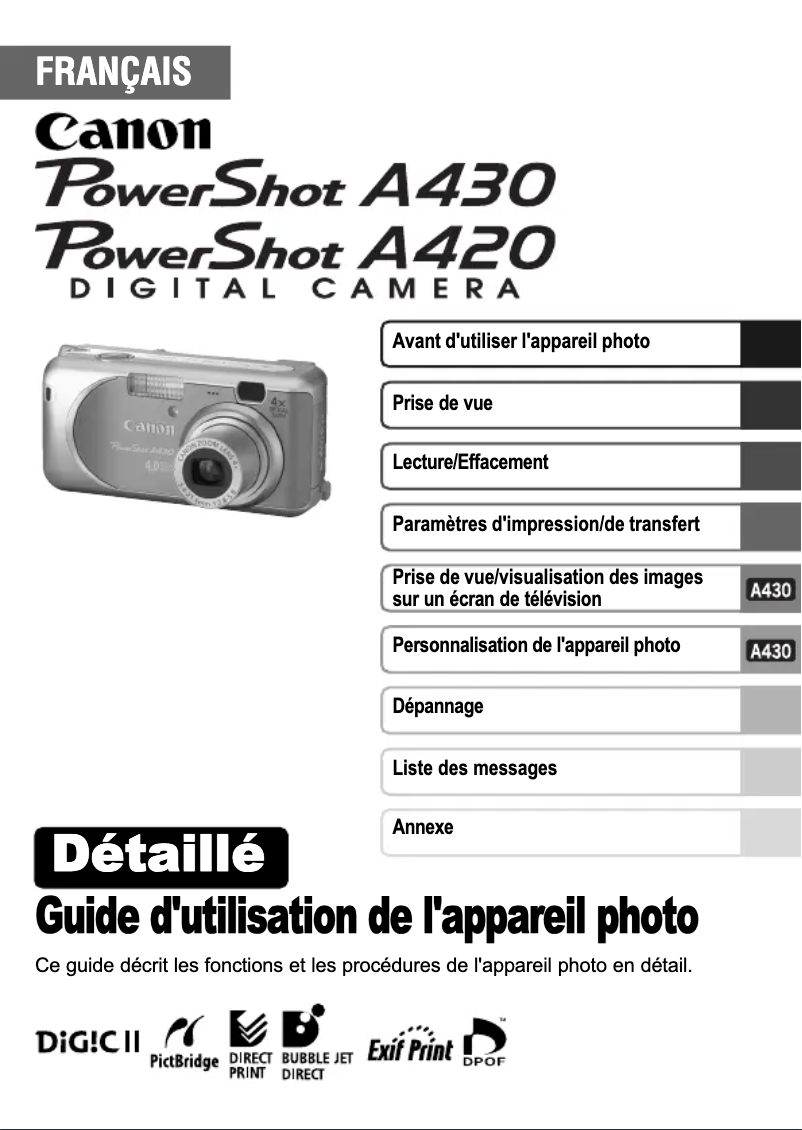 Page 1 de la notice Manuel utilisateur Canon PowerShot A430