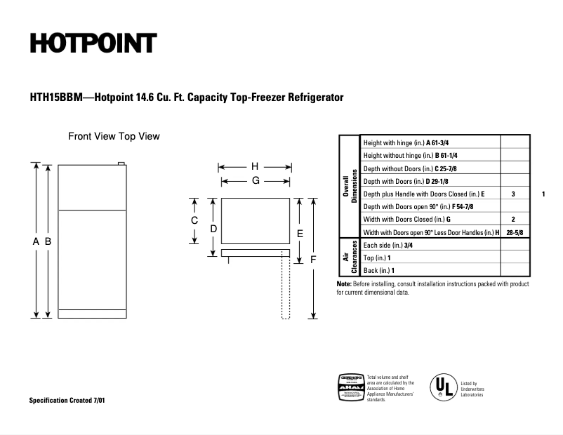 Page 1 de la notice Fiche technique Hotpoint HTH15BBMLAA