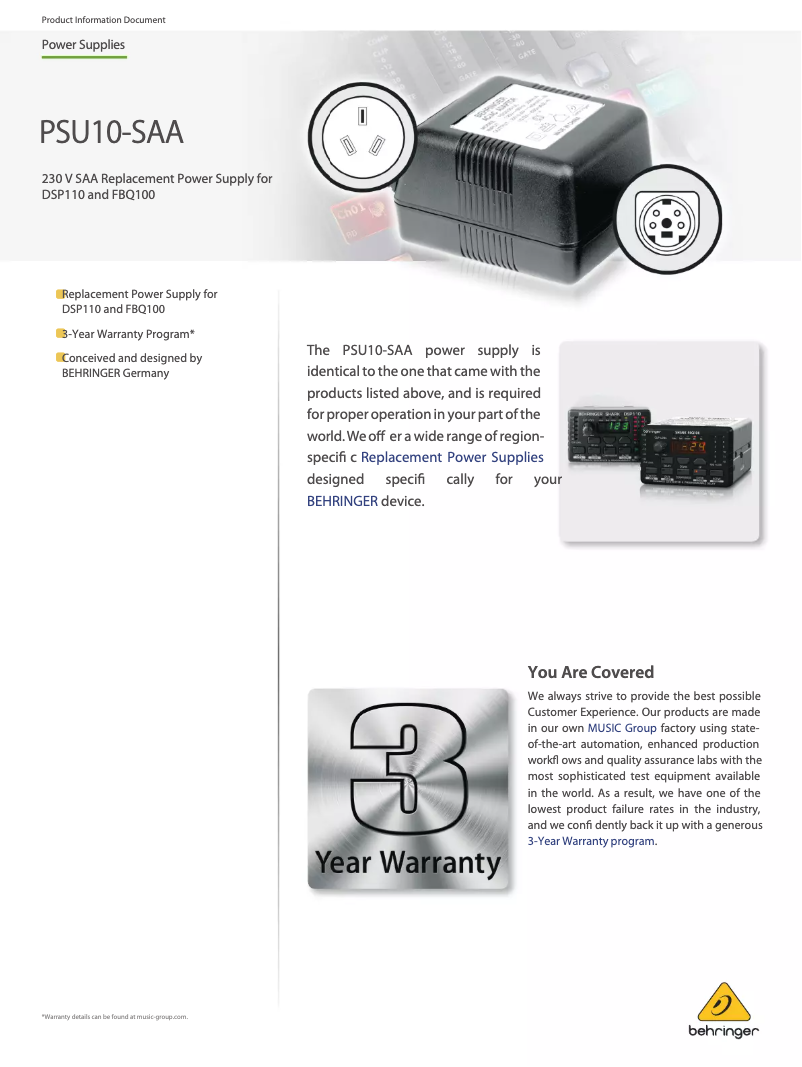 Page 1 de la notice Manuel utilisateur Behringer PSU10-SAA