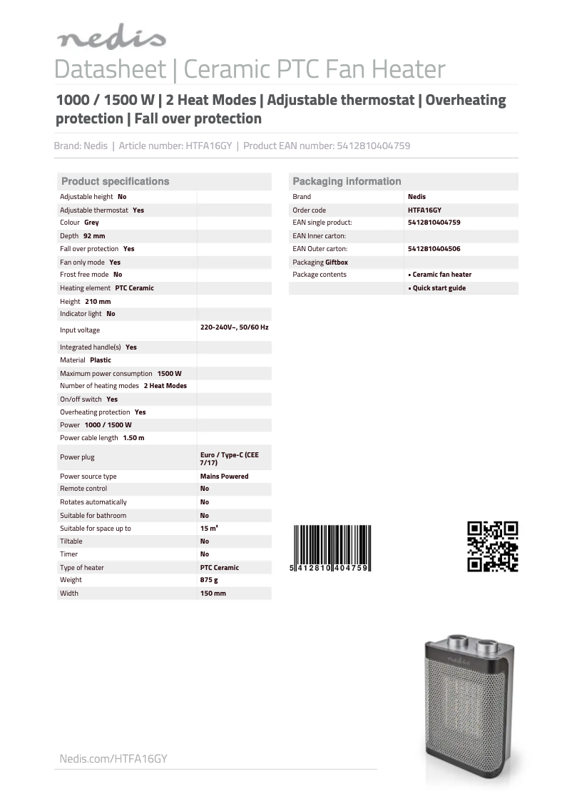 Page 1 de la notice Manuel utilisateur Nedis HTFA16GY