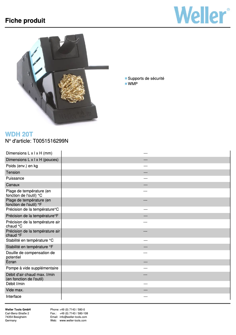 Page 1 de la notice Fiche technique Weller WDH 20T