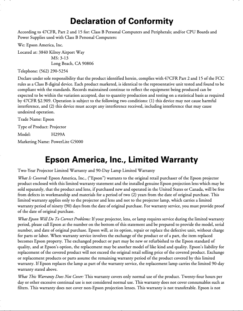 Página 1 del manual Información de garantía Epson PowerLite G5000