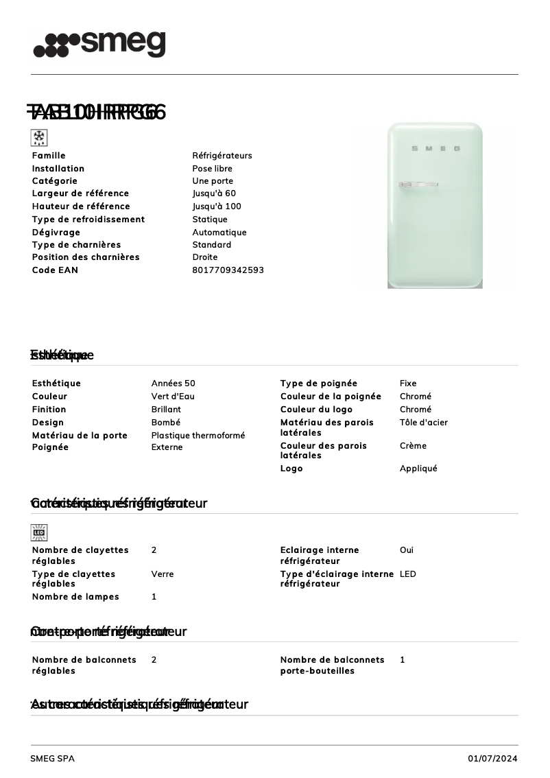 Page n°1 - Fiche technique Smeg FAB10HRPG6