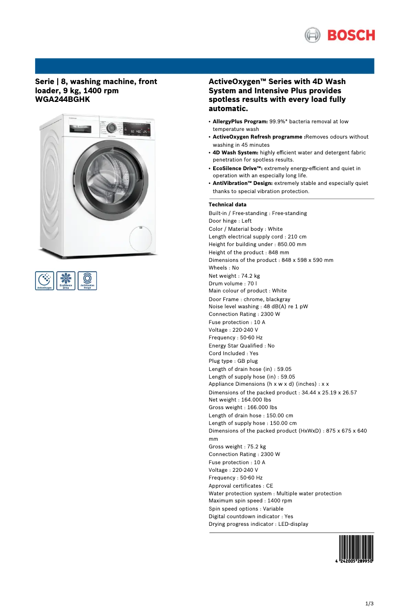 Page n°1 - Fiche technique Bosch WGA244BGHK