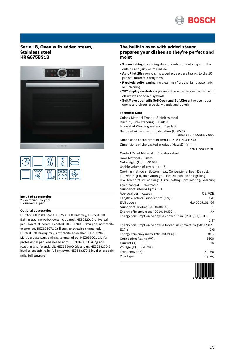 Page 1 de la notice Fiche technique Bosch Serie 8 HRG675BS1B