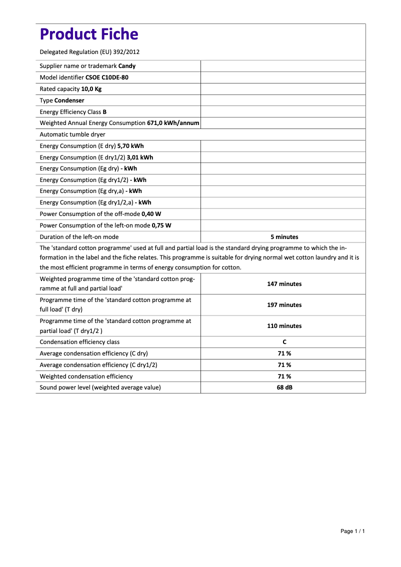 Page 1 de la notice Fiche technique Candy CSOE C10DE-80