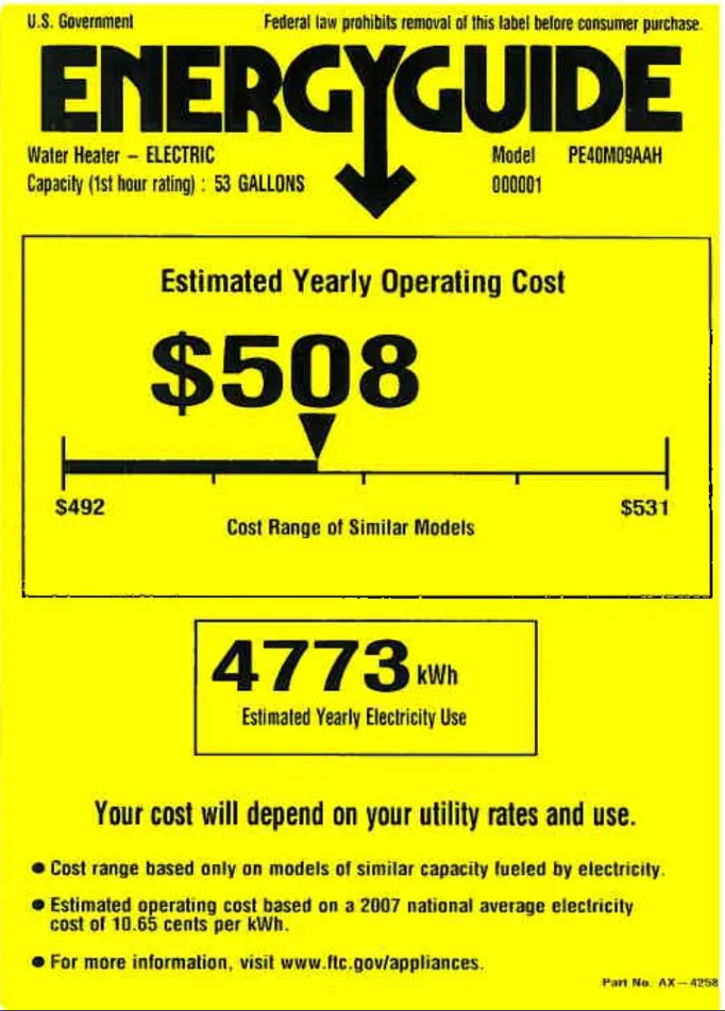 Page 1 de la notice Label énergétique GE PE40M09AAH