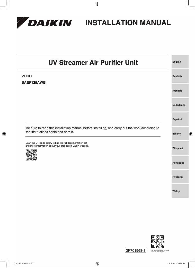 Page 1 de la notice Guide d'installation Daikin BAEF125AWB