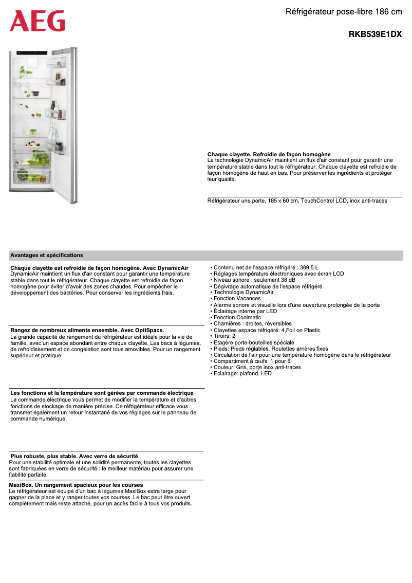 Page 1 de la notice Fiche technique AEG RKB539E1DX