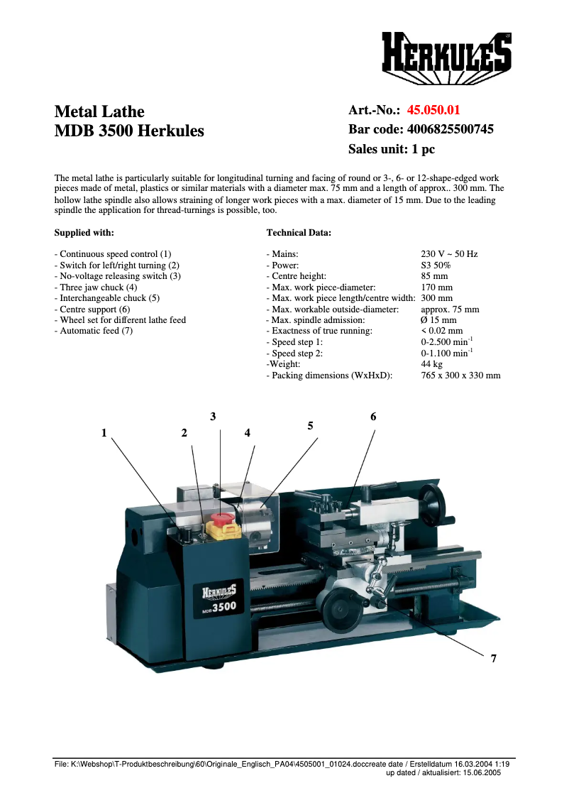 Page 1 of the manual Technical Sheet Herkules MDB 3500