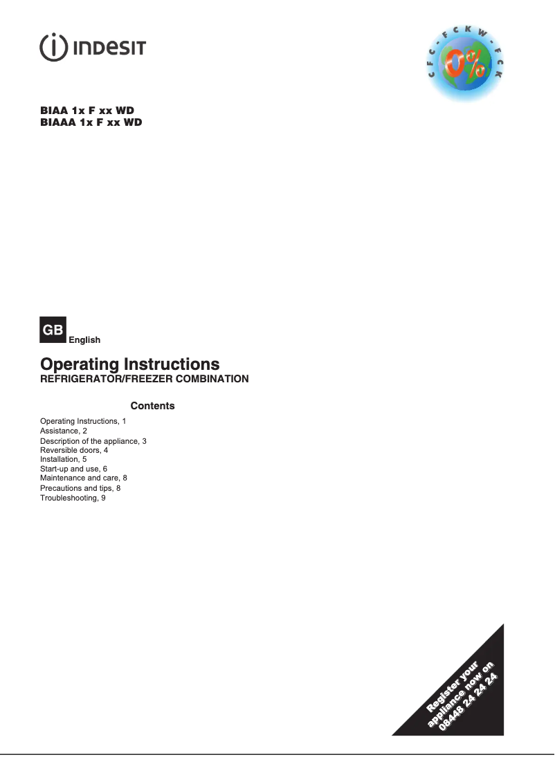 Page n°1 - Manuel utilisateur Indesit BIAA 13 F WD (UK)