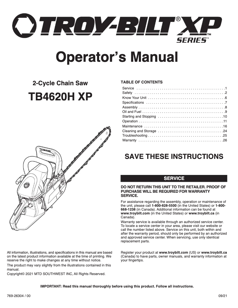 Page 1 de la notice Manuel utilisateur Troy-Bilt TB4620H XP