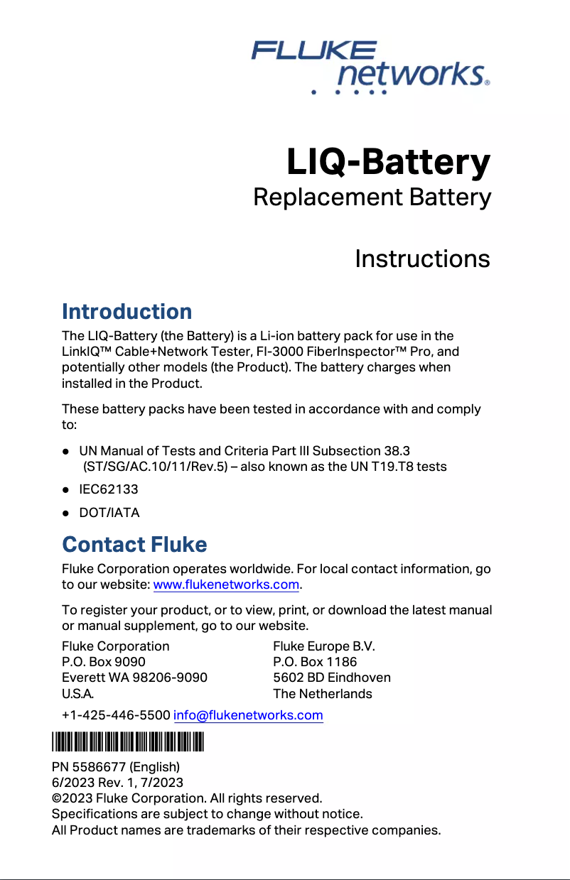 Page 1 de la notice Instructions / montage Fluke FiberInspector Networks FI-3000