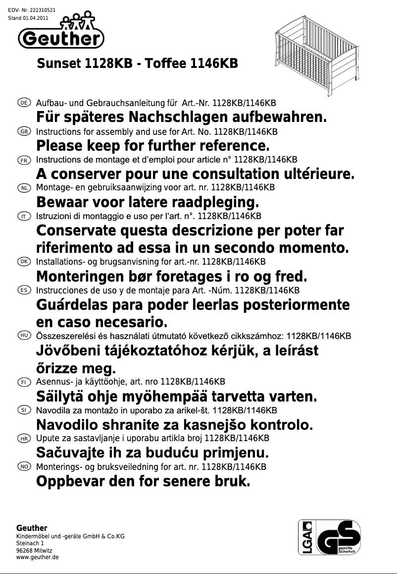 Page 1 de la notice Manuel utilisateur Geuther Sunset