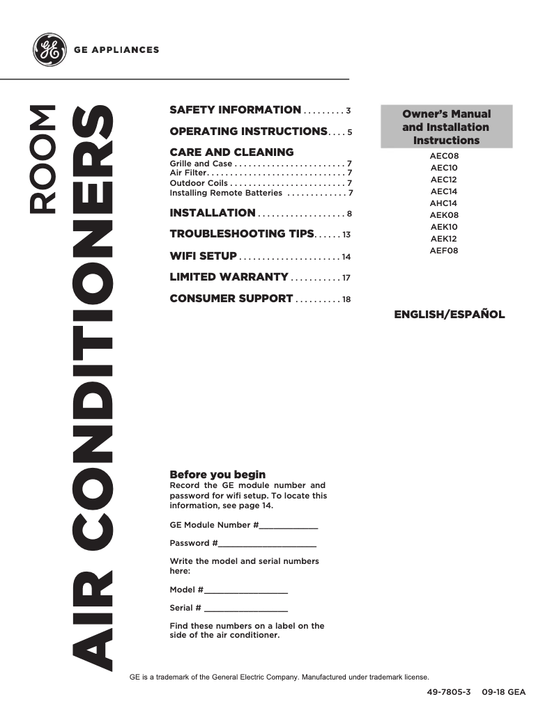 Page n°1 - Guide d'installation GE AEC12AY