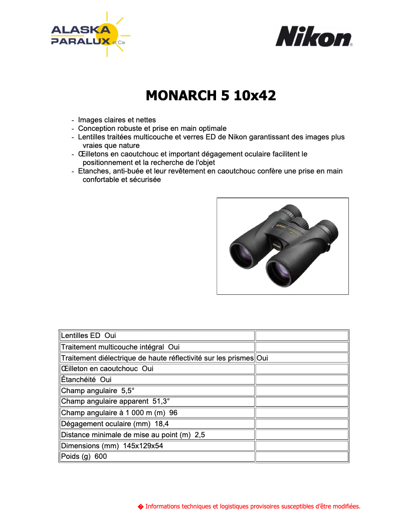 Page 1 de la notice Manuel utilisateur Nikon Monarch M5 10x42